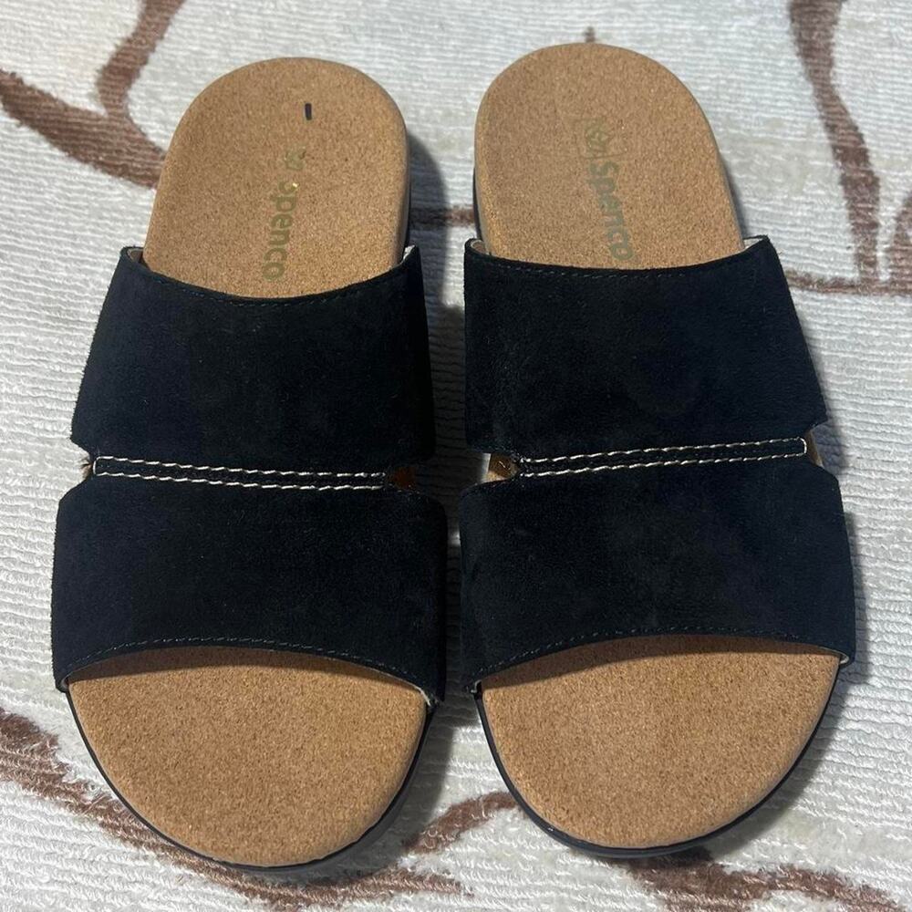 SPENCO Sunrise Slide in Black Suede Cushioned Comfort Sandal -Plantar Fasciitis